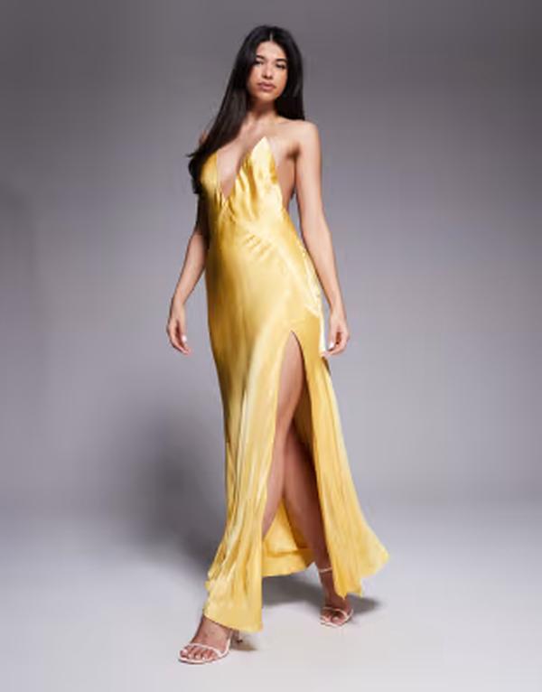 バードット レディース トップス ワンピース サテン ホルター Bardot Yve satin plunge halter neck low back slit front midaxi dress in yellow Tuscan yellow イエロー