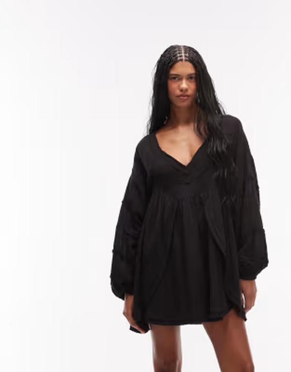 エイソス レディース トップス ワンピース Vネック ミニ ASOS DESIGN v neck laundered smock mini dress in washed Black ブラック