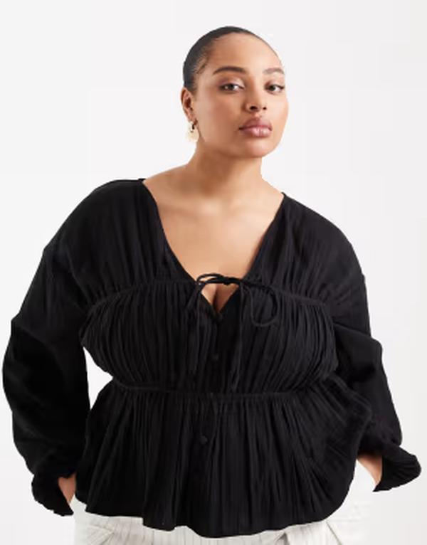 エイソス レディース トップス シャツ ASOS Curve ASOS DESIGN Curve long sleeve smock top with button front Black ブラック