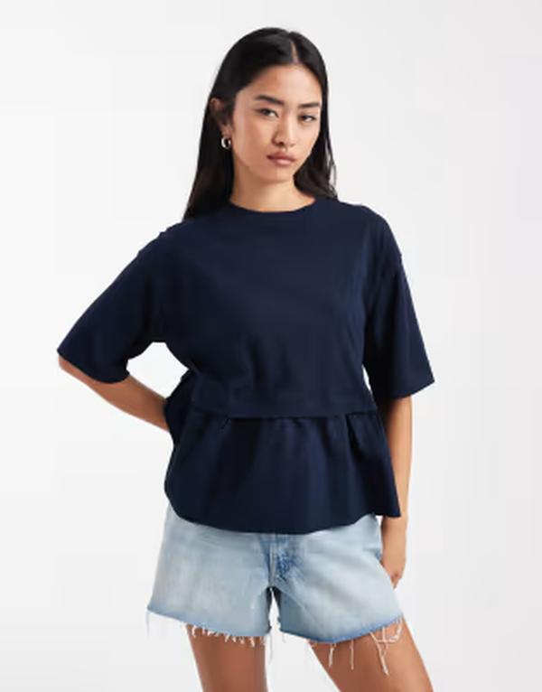 ミスセルフフリッジ レディース トップス プルオーバー Misselfridge poplin mix T-shirt NAVY 米国海軍