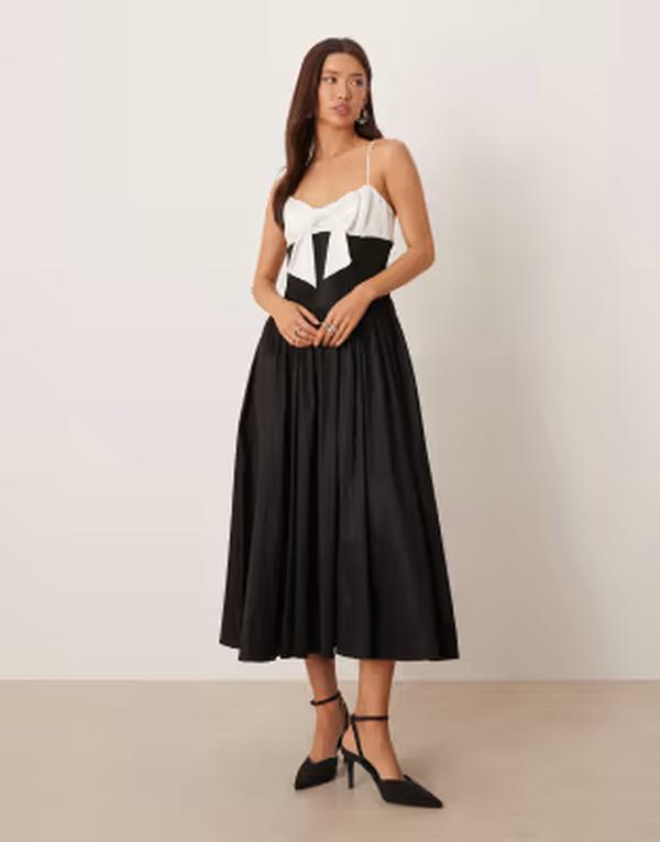 フォーラブアンドレモン レディース トップス ワンピース ミディ コントラスト For Love & Lemons contrast bow bodice skater midi dress Black ブラック