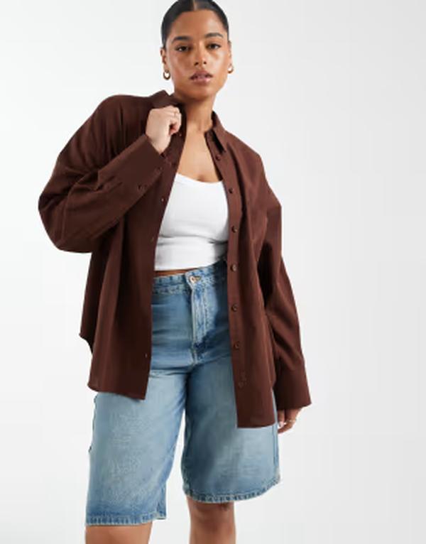 エイソス レディース トップス シャツ リネン ASOS Curve ASOS DESIGN Curve oversized linen blend shirt Brown ブラウン