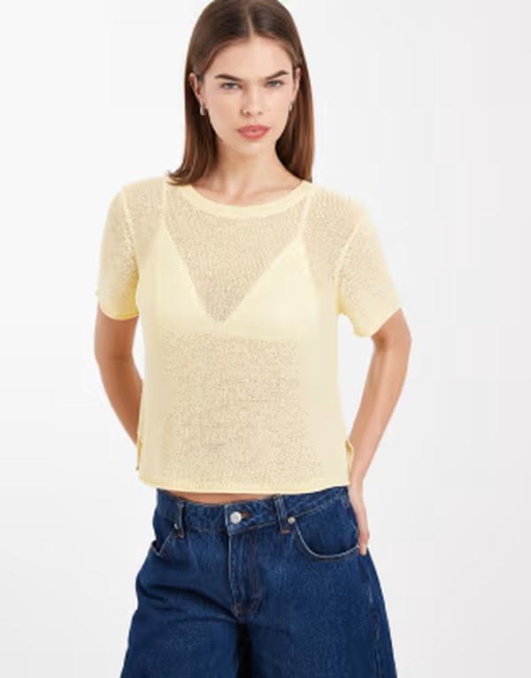 オンリー レディース トップス Tシャツ ニット ONLY lightweight open knit-shirt in butttermilk Double cream クリーム｜ReVida 店