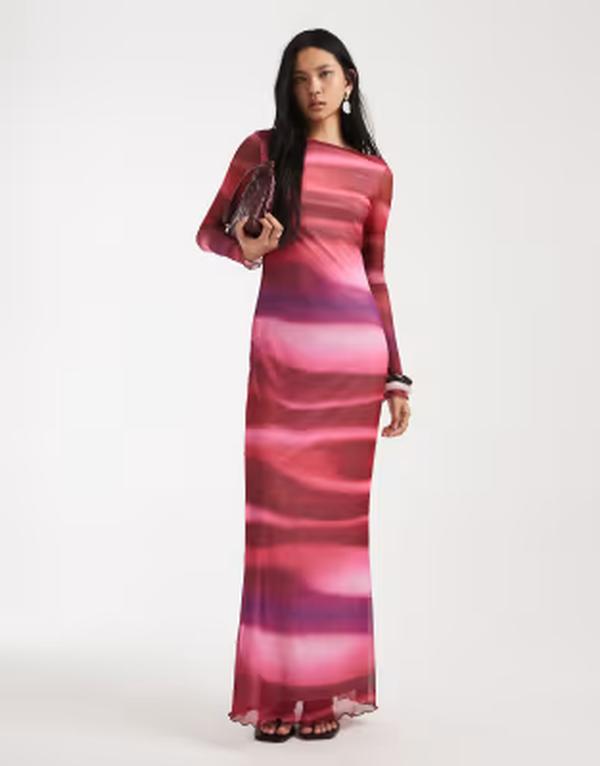 ベロモーダ レディース トップス 衣装 刷り上げる メッシュ マキシ Vero Moda Tallong sleeve mesh maxi dress abstract print Pink Abstract サクラ色