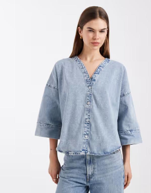 ヴェロモーダ レディース トップス シャツ オーバーサイズフィット デニム Vero Moda half sleeve oversized fit denim top in light blue wash Light Blue Denim デニム
