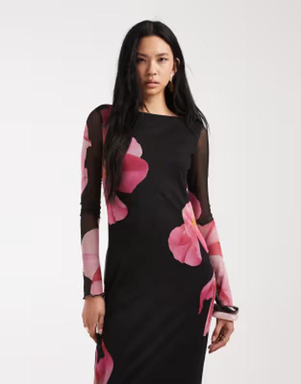 ベロモーダ レディース トップス 衣装 御花柄 メッシュ マキシ 御花 Vero Moda Tallong sleeve mesh maxi dress with overblown floral Black/Floral 黒いこと