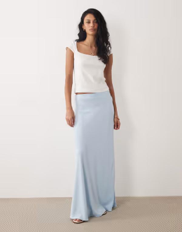 ジェイディーワイ レディース ボトムスカート A ライン サテン マキシ JDY a-line satin maxi skirt in light BLUE ブルー