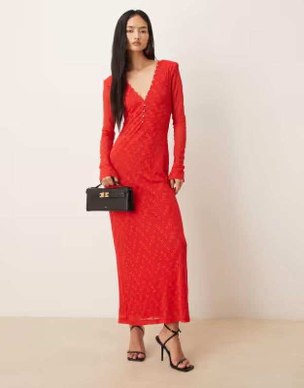 バードット レディース トップス ワンピース ミディ オーバーレイ レース Bardot Zenia lace overlay plunge button detailong sleeve midi dress RED レッド