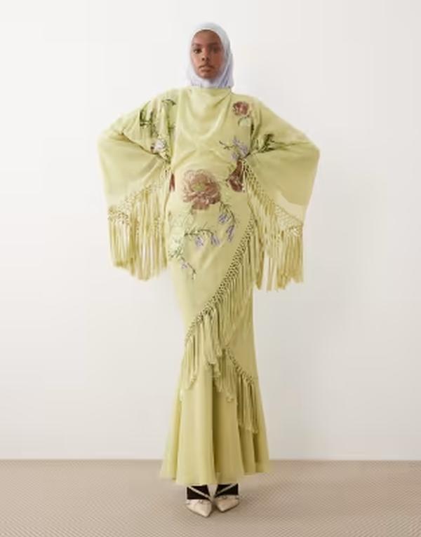 エイソス レディース トップス ワンピース マキシ フリンジ ASOS DESIGN Modesty embroidery and viscose fringe kimono maxi dress Green グリーン