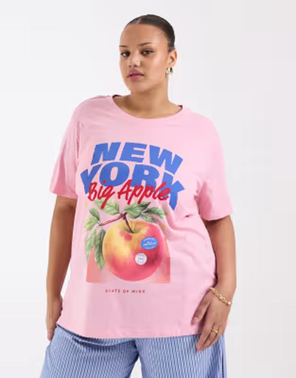 オンリーカーブ レディース トップス Tシャツ プリント ONLY Curve New York print-shirt Romance Rose ピンク