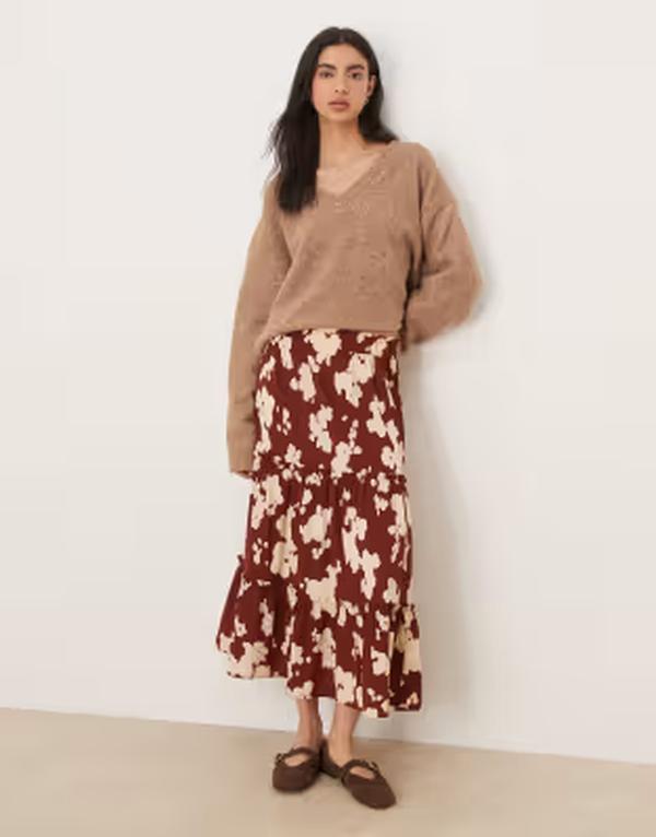 ウェンズデーガール レディース ボトムスカート ティアード ミディ Wednesday's Girl tiered floaty midi skirt BROWN ブラウン