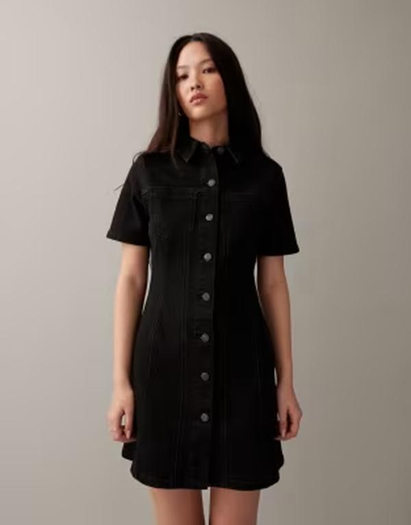 エイソス レディース トップス ワンピース ミニ シャツ デニム ASOS DESIGN denim fitted shirt mini dress Black ブラック｜ReVida 店