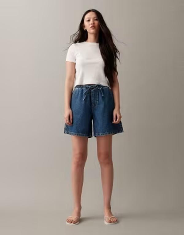 エイソス レディース ボトムス 二分の一ズボン下・さる股引き 遊撃手ズボン下 ジーンズ ASOS DESIGN denim pull on longerline shorts インチ mid Blue 青み