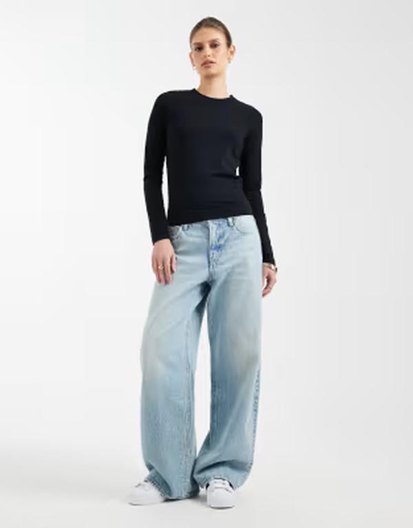 エイソス レディース トップス Tシャツ コットン ASOS DESIGN cotton long sleeve round neck top Black ブラック