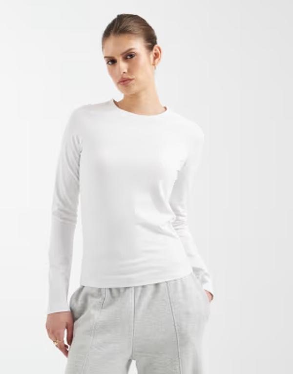 エイソス レディース トップス Tシャツ コットン ASOS DESIGN cotton long sleeve round neck top WHITE ホワイト