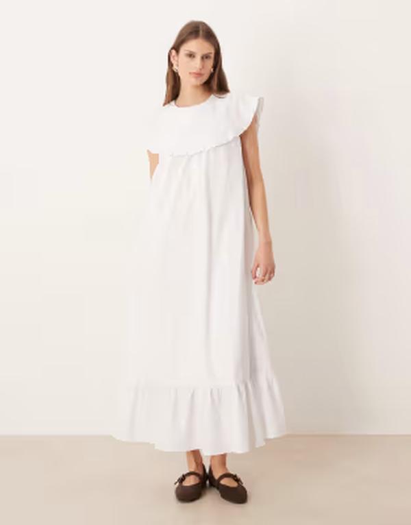 グラマラス レディース トップス 衣装 フラウンス Glamorous boho throw on ruffle detailing midaxi dress poplin WHITE 白いこと