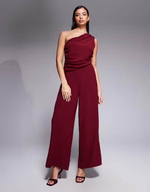 エイソス レディース トップス 飛び降りる背広 ドレープ ASOS DESIGN draped one shoulder jumpsuit Burgundy バーガンディ