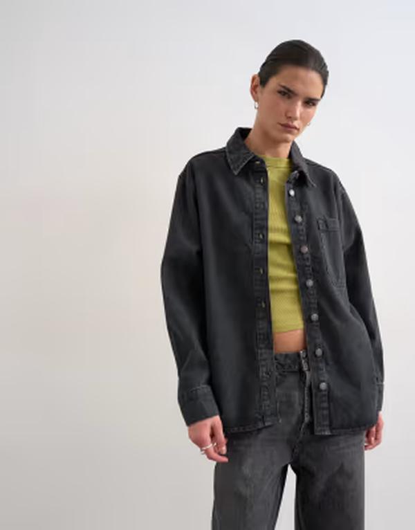 トップショップ レディース トップス シャツ デニム Topshop denim shacket with side panel in washed BLACK ブラック