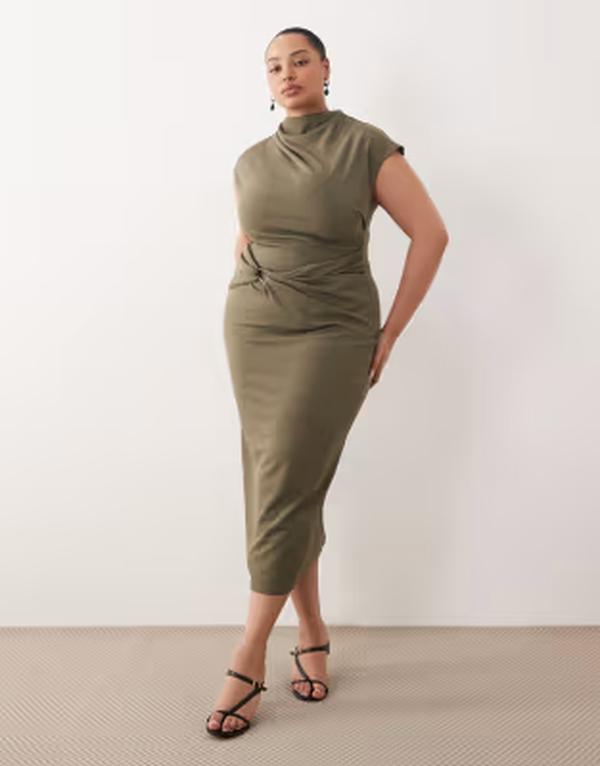 エイソス レディース トップス ワンピース ミディ キャップ ASOS Curve cap sleeve wrap trimidi dress Khaki カーキ