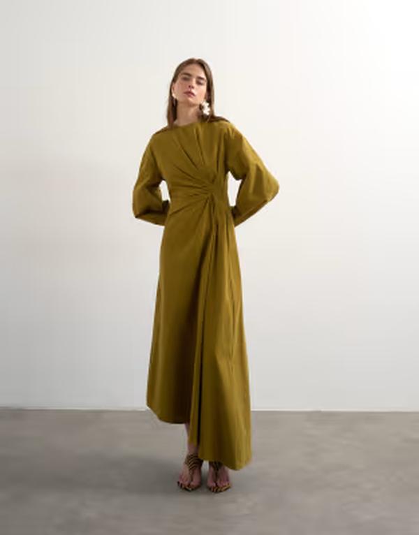 トップショップ レディース トップス ワンピース アシンメトリー ミディ Topshop knot detail midi dress with asymmetric hem Khaki カーキ