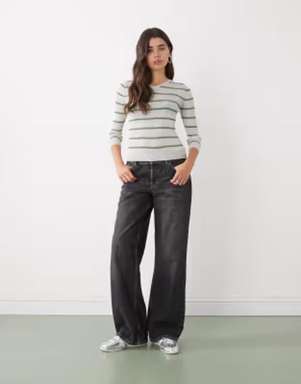 モンキ レディース トップス Tシャツ Vネック ジャージー Monki jersey v-neck top stripes Gray & green グレー
