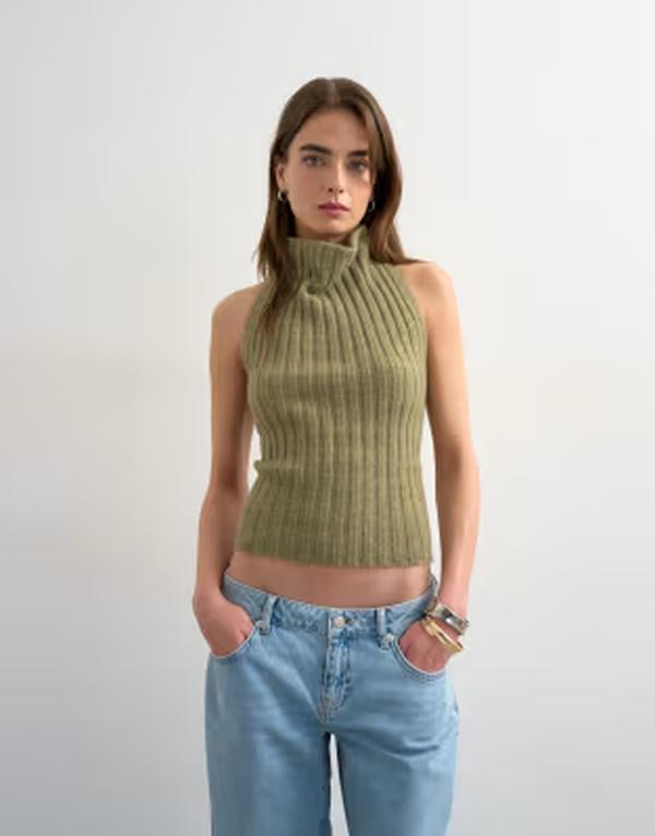 トップショップ レディース トップス ベスト ドレープ ニット Topshop knit drape neck low back top Khaki カーキ
