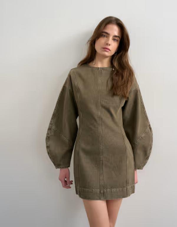 トップショップ レディース トップス ワンピース ミニ デニム Topshop denim ovoid sleeves mini dress Khaki カーキ 21,815円
