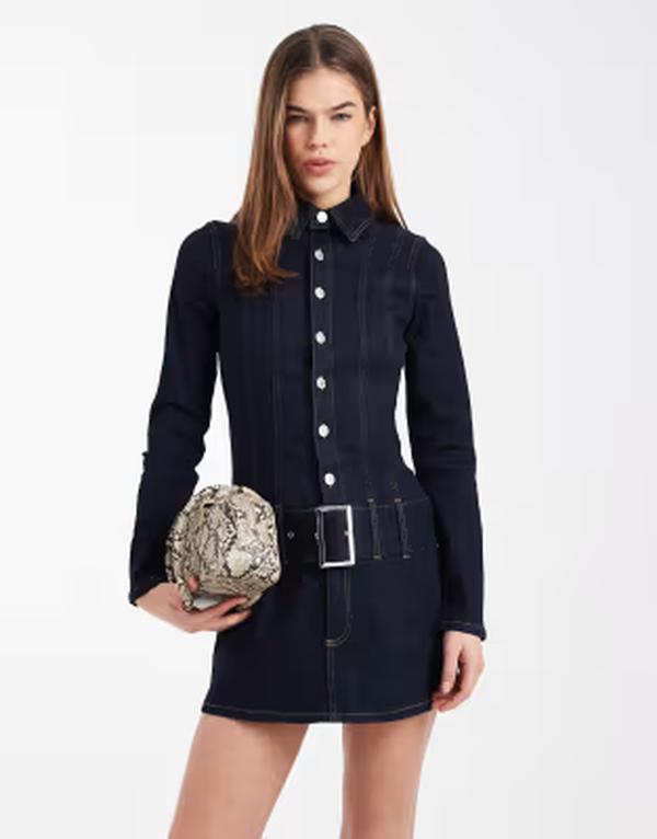 エイソス レディース トップス 衣装 ミニ ジーンズ ASOS DESIGN denim drop waist belt detail mini dress indigo BROWN 赤銅色