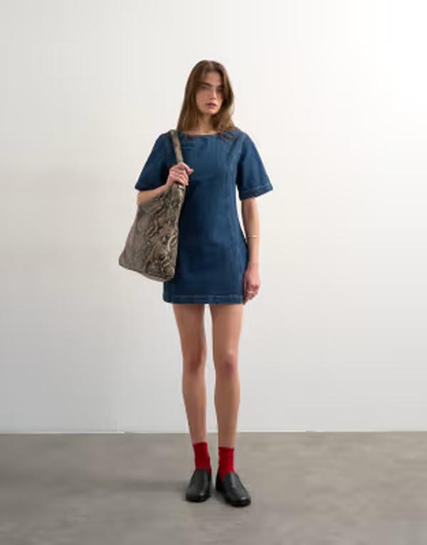 トップショップ レディース トップス ワンピース ミニ Topshop boat neck structured sleeves mini dress in mid Vintage Blue ブルー