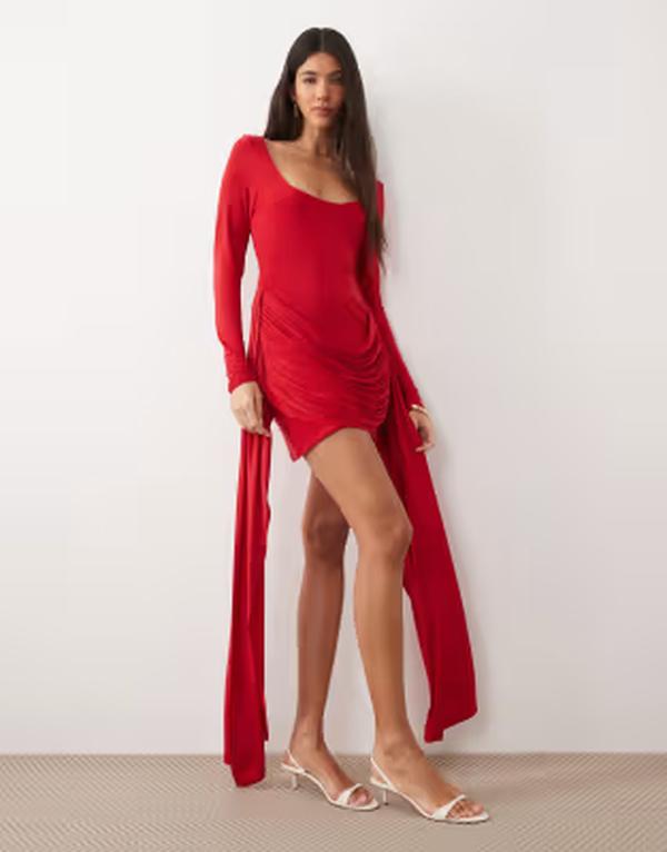 エイソス レディース トップス ワンピース ドレープ ミニ ASOS DESIGN draped waist scoop neck mini dress Red レッド