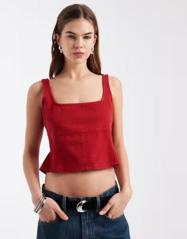 エイソス レディース トップス プルオーバー ASOS DESIGN seam detail corsetop RED 赤いこと