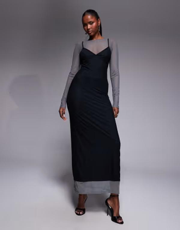 エイソス レディース トップス ワンピース メッシュ マキシ ASOS DESIGN mesh double layer corset maxi dress with seaming detail in charcoal チャコール｜ReVida 店