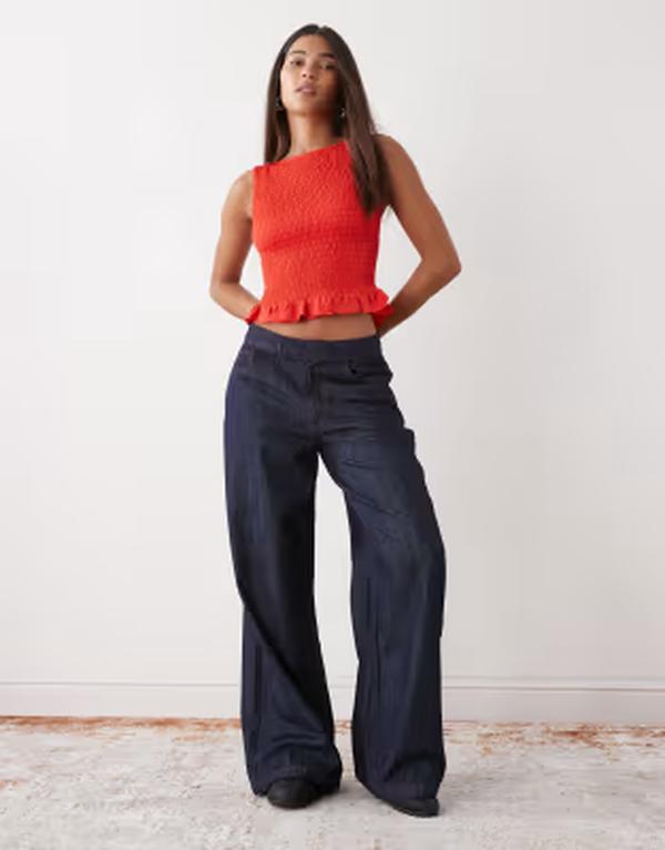コルージョン レディース ボトムス デニムパンツ ワイドレッグ ジーンズ COLLUSION wide leg chambray denim jeans in rinse wash Rinse デニム|ReVida 店