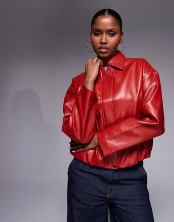 リバーアイランド レディース アウター 上衣・上衣 なめし革 フェイクレザー River Island faux leather collared bomber jacket RED 赤いこと