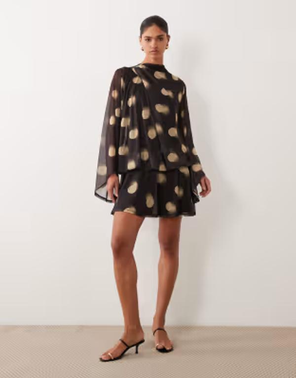 エイソス レディース トップス 衣装 ドレープ 点点 刷り上げる ミニ メッシュ ASOS DESIGN printed mesh draped blouson mini dress インチ polka-dot print Spot