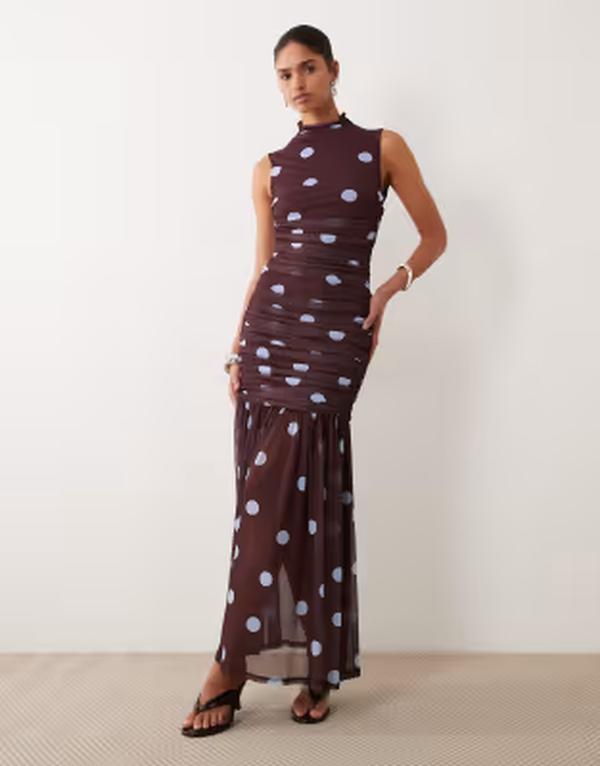 エイソス レディース トップス ワンピース ドット柄 ドット プリント ギャザー ASOS DESIGN printed polka dot ruchedropped waist circle dress with grown oneck Burgundy バーガンディ