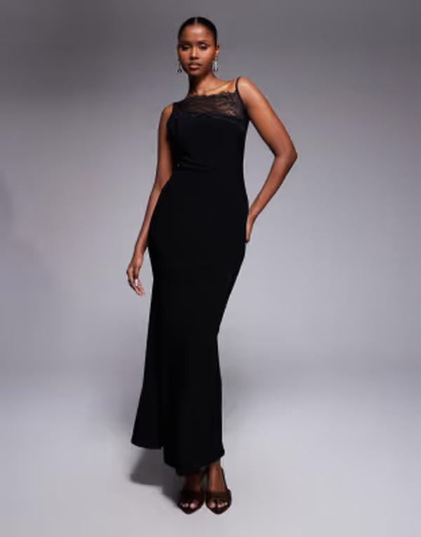 エイソス レディース トップス ワンピース レース マキシ ASOS DESIGN asym lace neckline cami maxi dress Black ブラック