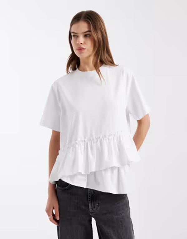 エイソス レディース トップス Tシャツ アシンメトリー ASOS DESIGN hybrid asymmetric poplin peplum hem top WHITE ホワイト