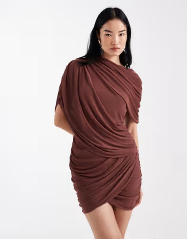 エイソス レディース トップス ワンピース ケープデザイン ドレープ ミニ メッシュ キャップ ケープ ASOS DESIGN mesh draped cape detail mini dress in chestnut Chesnut