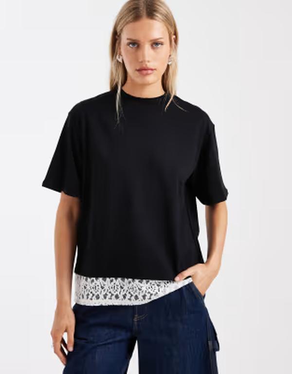 エイソス レディース トップス プルオーバー 開けっ広げうしろ側 スピード競技 ASOS DESIGN short sleeve with open back with lace top Black 黒いこと