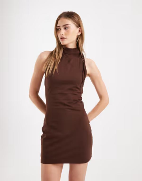 エイソス レディース トップス ワンピース タイディテール ミニ ホルター ASOS DESIGN halterneck with tie detail mini dress BROWN ブラウン