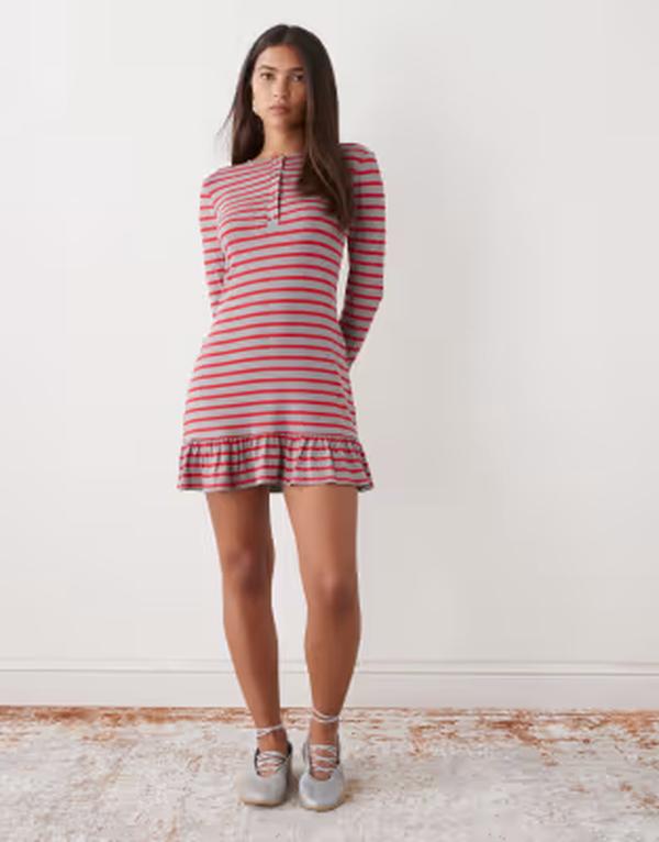 コルージョン レディース トップス ワンピース ミニ COLLUSION long sleeve stripe drop waist mini dress GRAY + RED STRIPE グレー