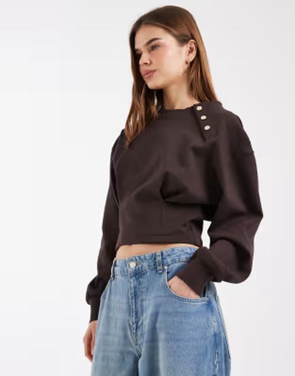 エイソス レディース トップス Tシャツ ASOS DESIGN long sleeve with button detail and collar top BROWN ブラウン｜ReVida 店