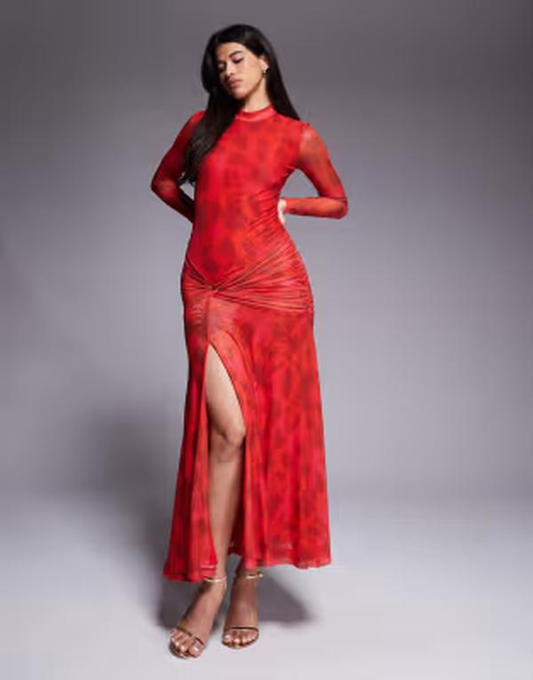 バードット レディース トップス ワンピース フラワー柄 プリント ギャザー メッシュ マキシ フラワー Bardot Lea mesh long sleeve ruched waist slit front maxi dress floral print Pink red floral レッド