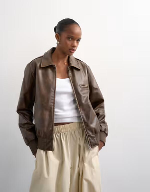 トップショップ レディース アウター ジャケット・ブルゾン レザー Topshop leather look center front zip up jacket brown ブラウン