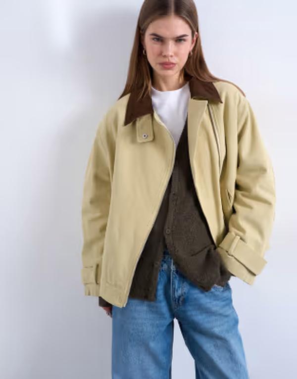 とっ始め販売店 レディース アウター 上衣・上衣 対比 Topshop washed zip front jacket with contrast cord collar Stone 石ころ