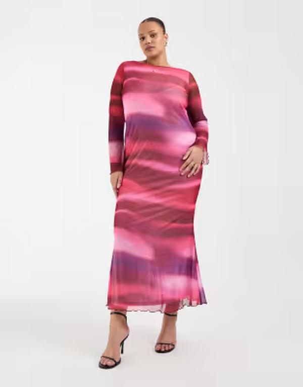 ヴェロモーダ レディース トップス 衣装 刷り上げる メッシュ マキシ Vero Moda Curve long sleeve mesh maxi dress abstract print Pink Abstract サクラ色