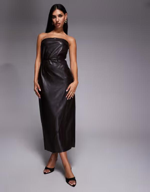 リバーアイランド レディース トップス ワンピース レザー フェイクレザー River Island faux leather bandeau dress with skinny belt in dark brown ブラウン