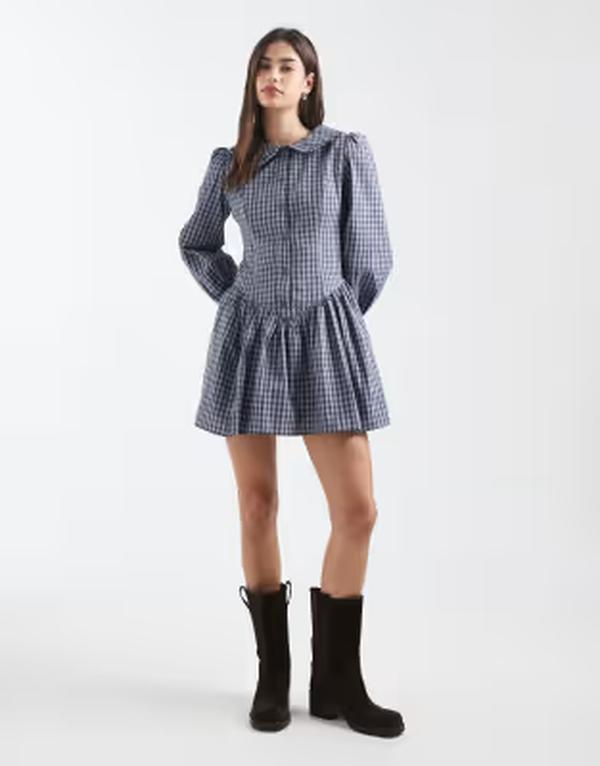デイジーストリート レディース トップス ワンピース ミニ Daisy Street drop waist fitted mini dress with statement collar plaid Blue check ブルー