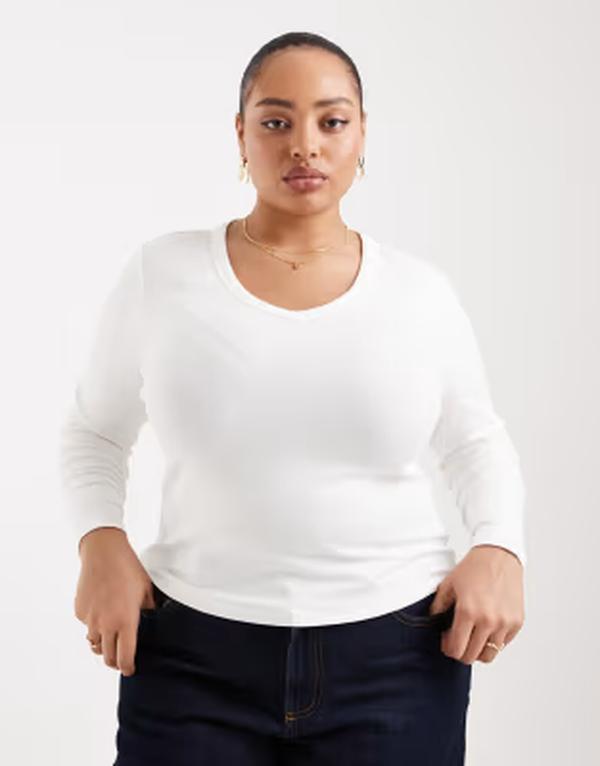 オンリー曲線状の形 レディース トップス ティーシャツ Vのど首 ONLY Curve v-neck long sleeve top Cloudancer 白いこと レディースファッション-トップス-Tシャツ・カットソー